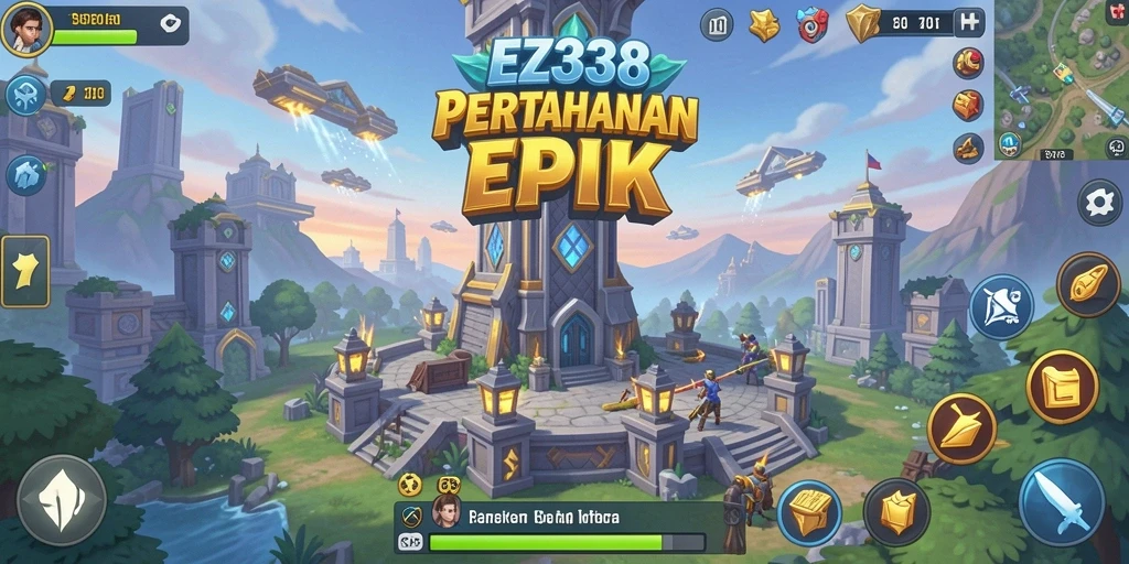 Screenshot gameplay EZ338 yang menampilkan menara pertahanan in action.